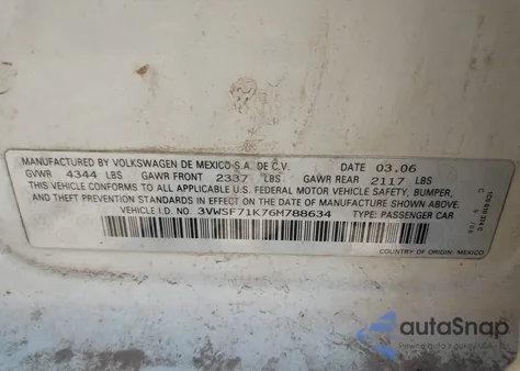 2006 Volkswagen Jetta 2.5 from USA, damaged, VIN 3VWSF71K76M788634